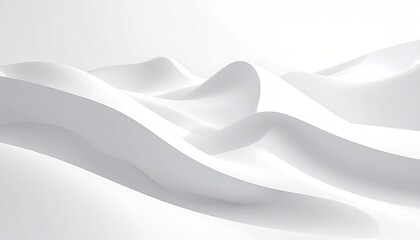 A minimalist abstract landscape of rolling white dunes under soft diffused lighting creating gentle shadows and a serene atmosphere