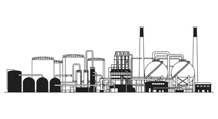 Fototapeta premium Industrial factory complex with storage tanks and smokestacks against a white background architectural illustration