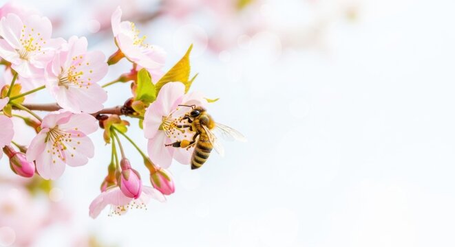 Bee pollinating cherry blossom flowers in soft spring sunlight  