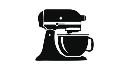 Black silhouette of a modern stand mixer with a mixing bowl and attachment on a white background