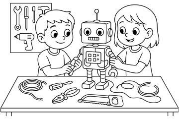 Children assembling robot: engaging robotics activity for kids in black and white