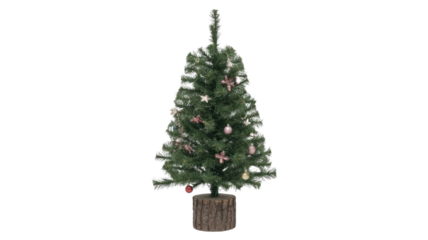 A small, artificial Christmas tree adorned with pink and silver baubles and star ornaments, standing on a textured, log-style base. background removed