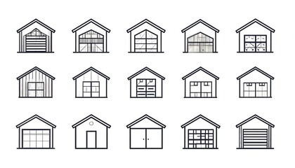Collection of simple, stylized illustrations of garage or warehouse buildings, isolated on a white background, vector icons