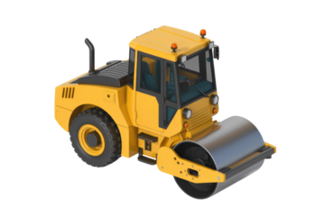 A detailed 3D render of a bright yellow road roller, an essential heavy construction machine, isolated for clear display. background removed