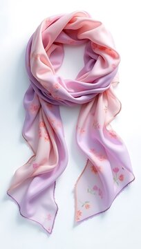 A delicate silk scarf with faded floral patterns and slightly frayed edges, spread on a clean white surface, symbolizing elegance and passage of time.
