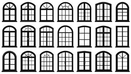 Collection of various black outlined window designs with arched tops and rectangular panes, shown on a white background
