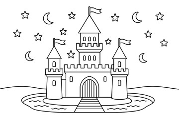 Fototapeta premium Magical castle with stars and moons in line art style