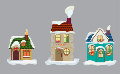 Set of Christmas cottages decorated for Christmas on transparent gray background. Illustrated vector clip art.Various houses with decorations of Christmas trees, garlands, wreaths, etc. Vector.
