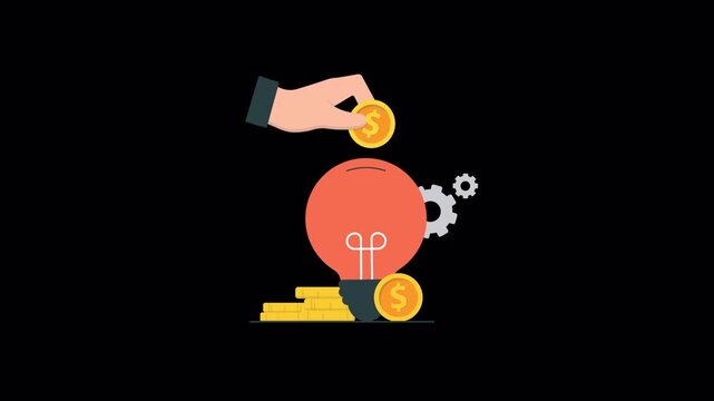 Investment in Ideas and Innovation, Hand Putting Coin into Bulb Bank Animation Video - Transparent