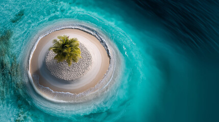 Fototapeta premium Tropical islet with white sand ring and lone palm, invitation to land, island, sandbar, palm, turquoise, paradise, exploration, escape, drone view, with copy space