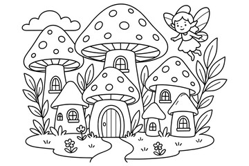Naklejka premium Enchanting fairyland with mushroom houses and flying fairy in a magical forest