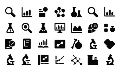 Collection of science and research icons representing data analysis laboratory equipment scientific discovery and medical research in a clean modern and minimalist flat design style