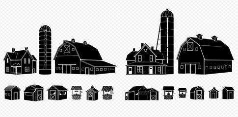 Black silhouettes of various farm buildings and structures including barns, silos, farmhouses, sheds, and well houses on a transparent background. © Adji