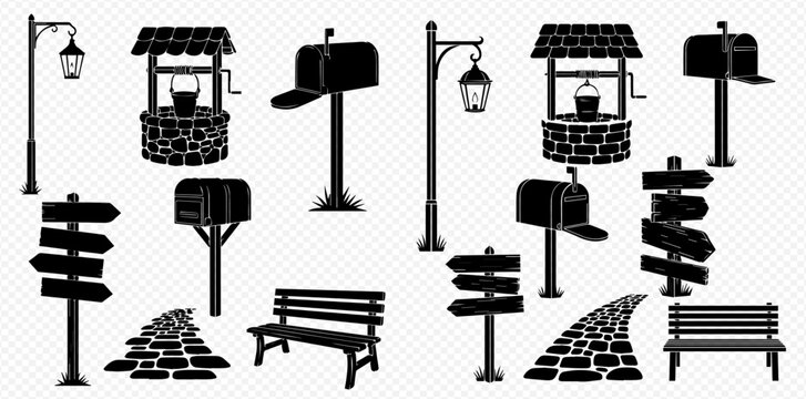 Black silhouettes of various outdoor and garden elements including street lamps, wishing wells, mailboxes, signposts, stone paths, and park benches on a transparent background.