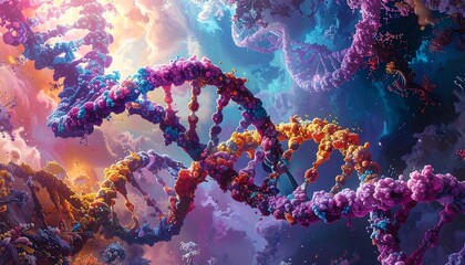 Colorful, abstract DNA strands interwoven against a dreamy, cloudy background. A visual representation of genetics
