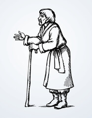 Vector drawing. Old man with cane