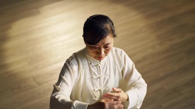 An East Asian woman in a white traditional uniform practices a meditative art form with focused concentration.
