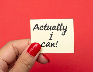 Hand holding a sticky note with motivational message on a red background
