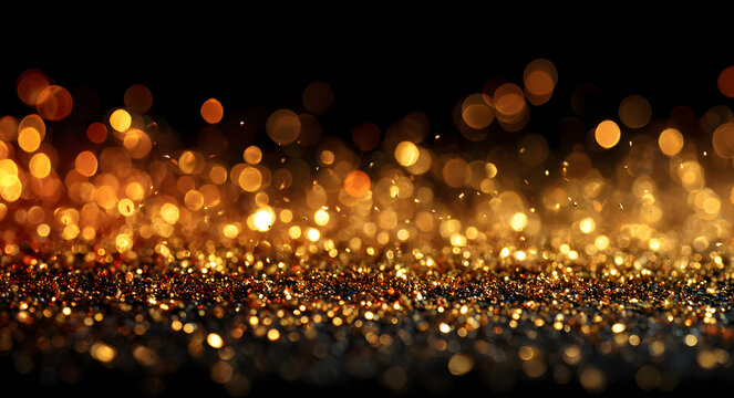 Golden confetti falling down creating sparkling bokeh glitter effect on black background for new years eve party celebration, luxury award ceremony abstract overlay