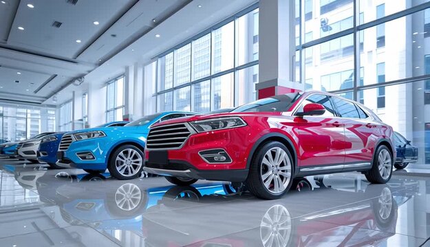 Modern car dealership showroom interior, row of new cars displayed, white SUV in foreground right side, red sedan in middle ground, cool blue and white studio lighting, large windows with natural li