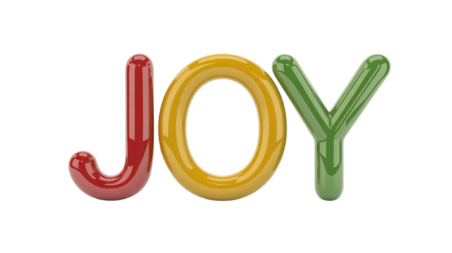 Colorful, glossy 3D bubble letters spell "JOY" in red, yellow, and green. A cheerful image on a solid transparent background, symbolizing happiness. background removed