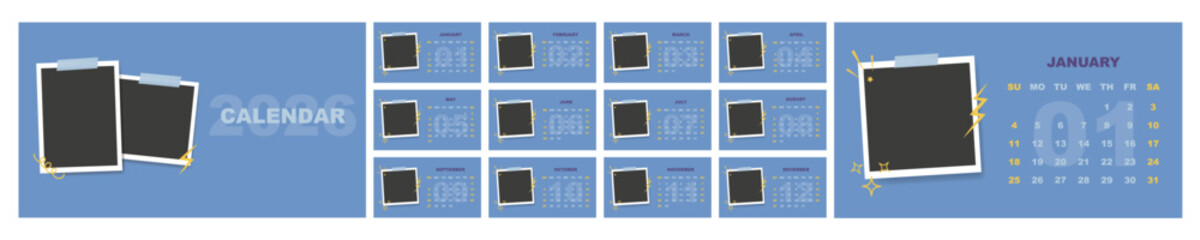 Blank photo frame design 2026 english calendar year template of 12 month horizontal pages set