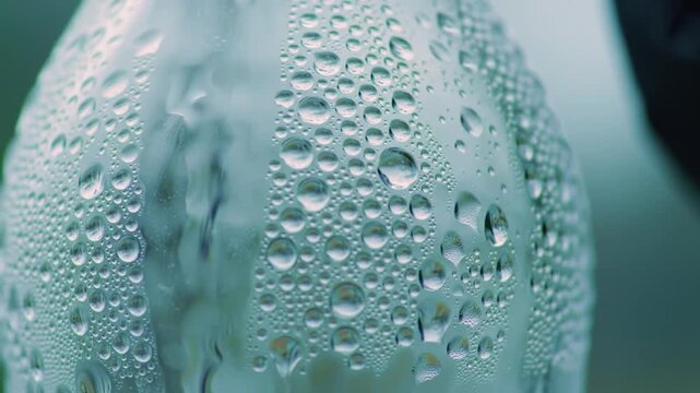 Close-up of a clear bottle covered in condensation droplets, showing the effect of temperature difference on a surface.