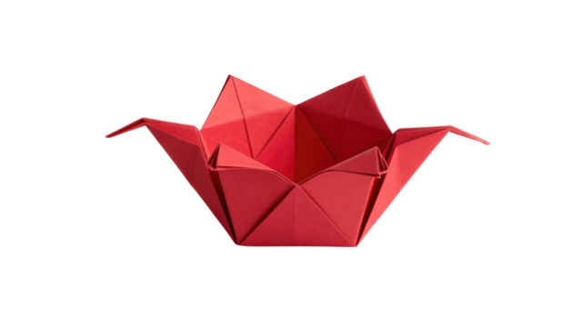 A vibrant red origami creation, possibly a paper flower, lotus, or container, expertly folded, set against a clean transparent background. background removed