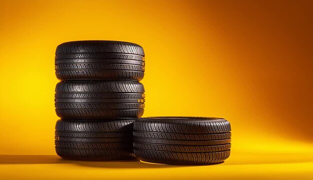 Stack of four black car tires arranged artistically, one tire leaning against the stack, bright vibrant yellow orange gradient background, studio product photography, bright soft diffused lighting