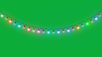 Colorful string of glowing blinking light bulb green screen animation, chroma key winter holiday and birthday party celebration 3d rgb light show motion design element Lights Decoration Overlay Loop.