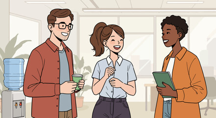 Happy coworkers gathered in the office, discussing projects, sharing ideas and collaborating as a team, promoting a positive workplace