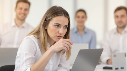 Focused businesswoman analyzing data using office laptop