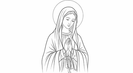 Virgin Mary Holding Rosary Black & White Line Art Vector, Isolated
