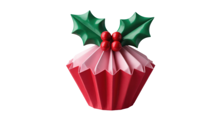 A festive origami cupcake-like decoration, featuring vibrant green holly leaves and shiny red berries atop red and pink paper folds. background removed