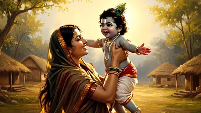Devotional Depiction of Yashoda Holding Bal Gopal A Tender Moment of Love and Divinity in Vrindavan
