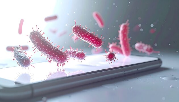 Microscopic, red organisms float above a cell phone screen
