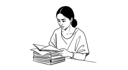 Detailed illustration of a person meticulously examining a large pile of paperwork, embodying the concepts of administrative tasks, diligent review, and effective organization