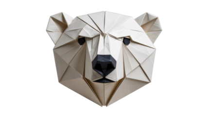 A striking, geometric origami polar bear head crafted from light-colored paper with black eyes and nose, presented on a solid transparent background. background removed
