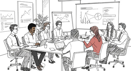 Hand-drawn illustration of a diverse team of professionals collaborating during a strategic business meeting in a modern conference room