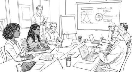 Business meeting with team discussing project in boardroom with presentation on whiteboard