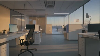 Tracking shot footage of modern empty corporate office interior during sunset golden hour - Powered by Adobe