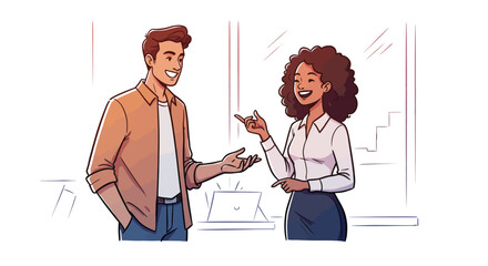Diverse colleagues engaged in a positive business discussion, showcasing teamwork and communication in a modern office illustration