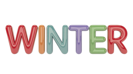 The word 'WINTER' is displayed in a vibrant, glossy, 3D bubble style, with each letter a different bright color. background removed