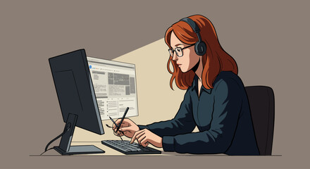 Illustration of a focused professional woman with red hair wearing headphones and glasses working on a computer with a graphic tablet