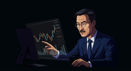Experienced businessman analyzing stock market data on a digital screen with a focused expression