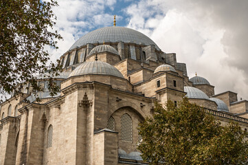 Fototapeta premium Suleymaniye Mosque domes and arches architectural details, beautiful Ottoman landmark in Istanbul Turkey. History concept