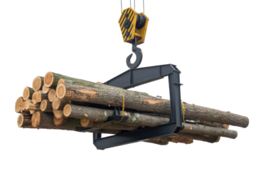 A heavy-duty crane hook and specialized grapple lift a large stack of freshly cut timber logs for transport. Industrial logging operation. background removed