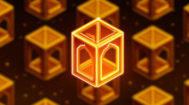 Minimal 3D lantern icon repeating in grid on monochrome background, brandable asset, Ramadan, 3D icon, pattern, modern, design, UI, with copy space