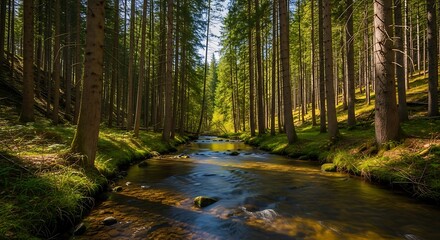 Fototapeta premium Tranquil Forest Stream - A Serene Landscape of Natures Beauty.