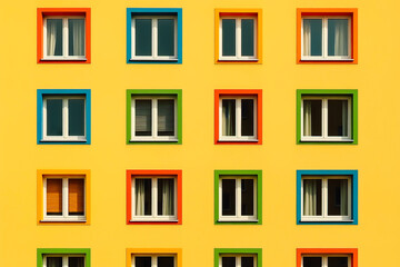 Close-up of a bright yellow apartment building facade featuring a grid of square windows framed by vibrant, contrasting colors like red, orange, blue, and green borders.